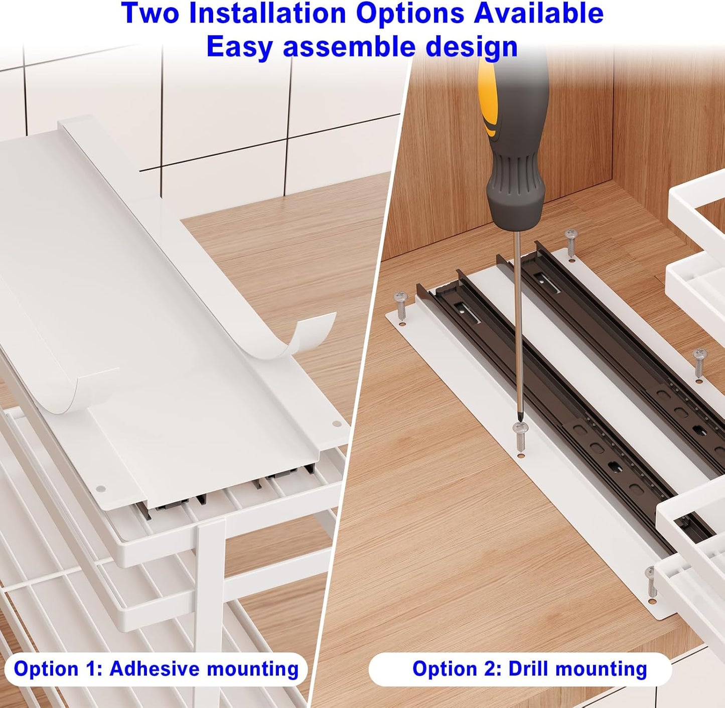 2 Pack Pull Out Spice Rack Organizer for Cabinet, 2 Tier Metal Slide Out Seasoning Organizer and Storage Heavy Duty Vertical Spice Rack Shelf Pullout for Kitchen Cabinets No Drilling (White)