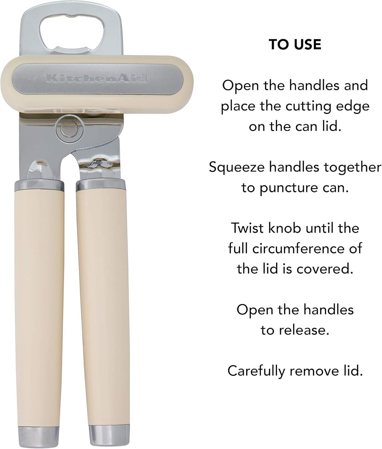 KitchenAid Classic Multifunction Can Opener and Bottle Opener Easy to Use, Razor Sharp Stainless Steel Cutting Wheel, Soft Ergonomic Handles, Almond Cream