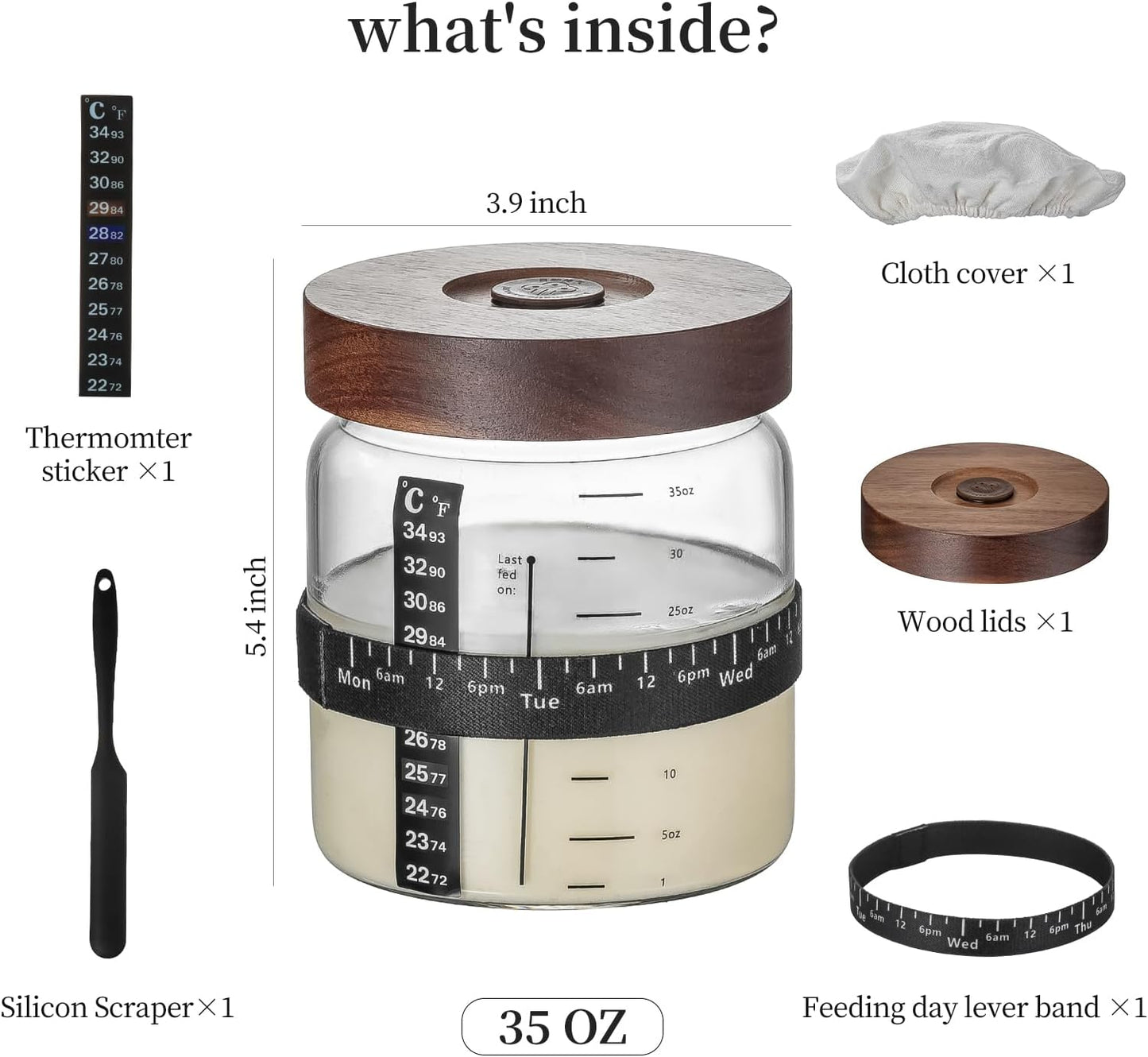 Wissy&Konny Sourdough Starter Jar,Wood Sealed Lid with Automatic Exhaust,35OZ with Ounce Scale Line,Date Marked Feeding Band, Thermometer, Sourdough Jar Scraper,Wide Mouth for Sourdough Bread Baking