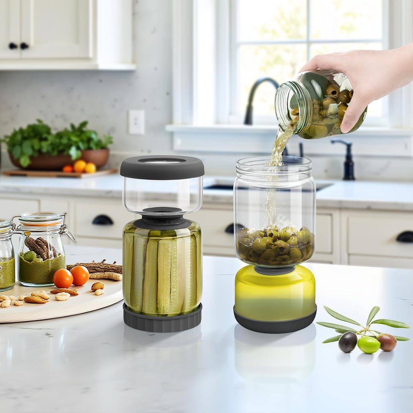 WhiteRhino Glass Pickle Jar with Strainer Flip,46oz longer Pickle Container,Hourglass Pickle Juice Separator Jar for Olives,Gherkins,Long cucumber or Sliced,Leakproof Dishwasher Safe