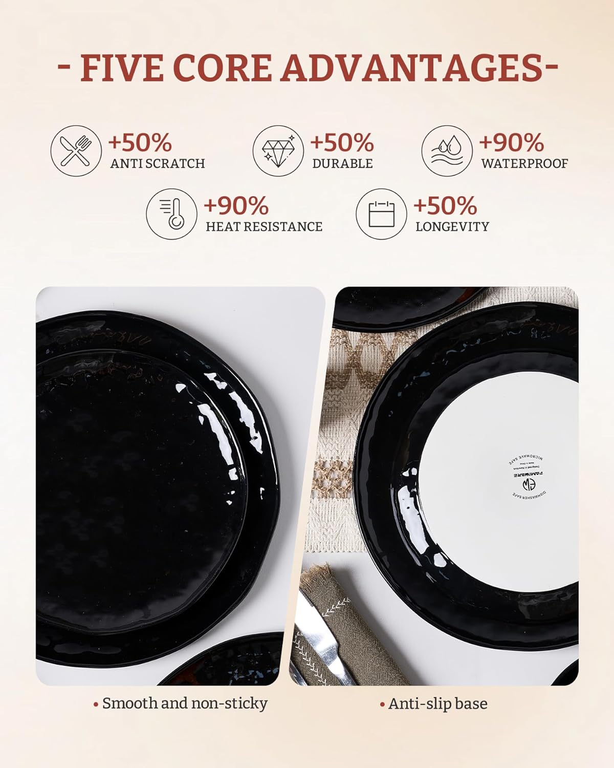 Famiware Porcelain kitchen plates and bowls set, Modern dishes set for 6, Handmade Wave Edge Dinnerware Sets, Microwave and Dishwasher Safe Tableware, Glossy-black (24pc)