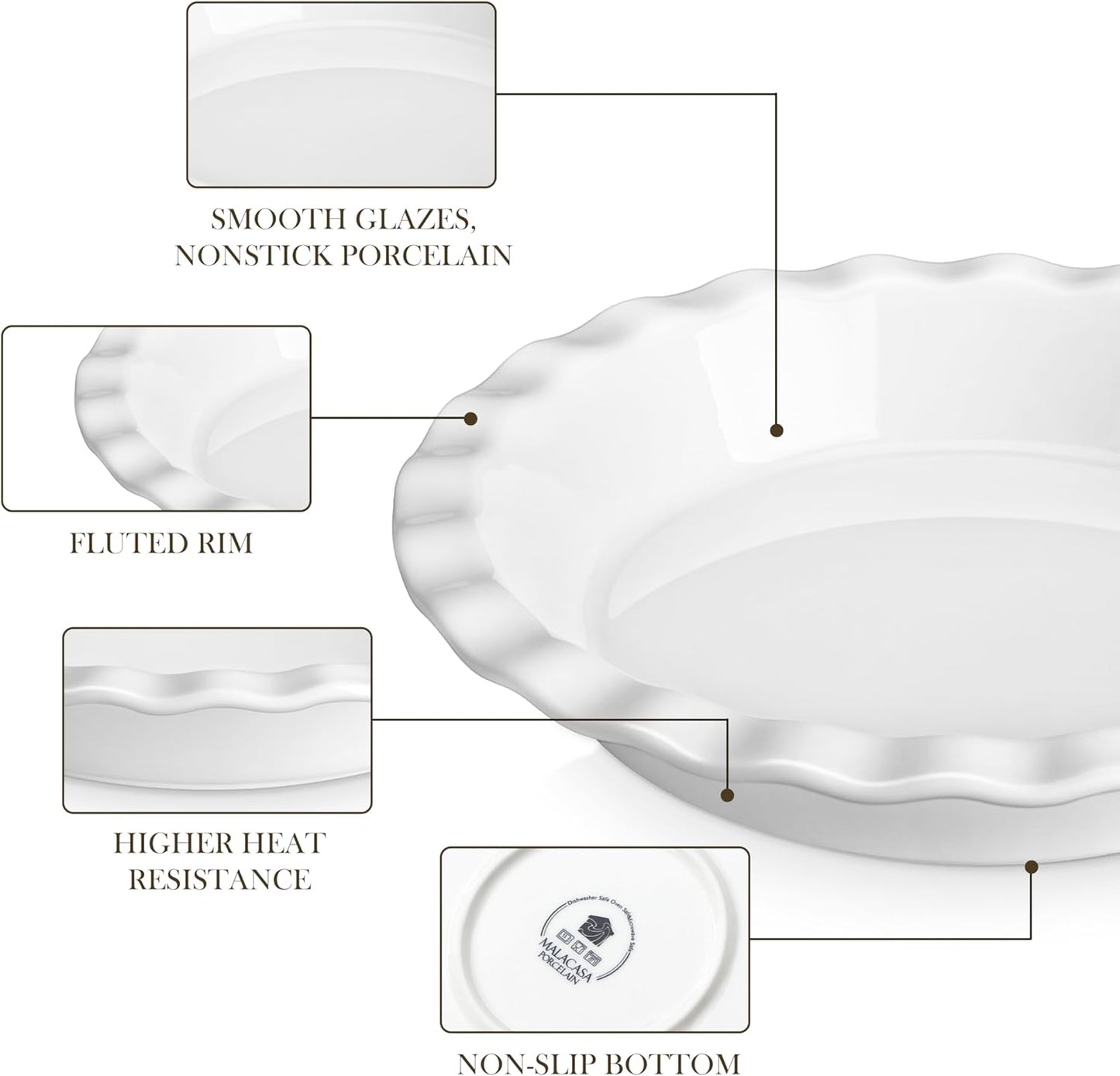 MALACASA Ceramic Pie Pan, Pie Pan for Baking 9 Inch, 40 OZ Pie Plate Round Pie Dish for Baking Fluted Pie Dish Baking Pan, Non Stick Deep Pie Dishes for Quiche, Apple Pies, Pot Pies, Tart, etc.