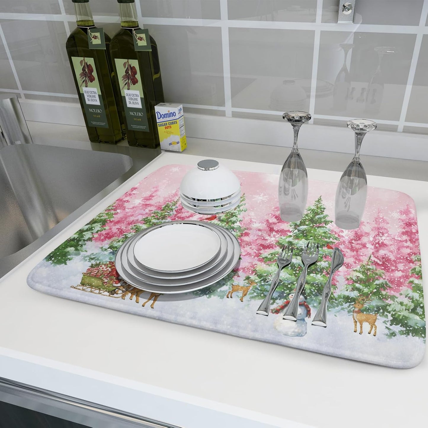 Winter Dish Drying Mats for Kitchen Counter Watercolor Forest Decoration Coffee Mat for Holiday Decor
