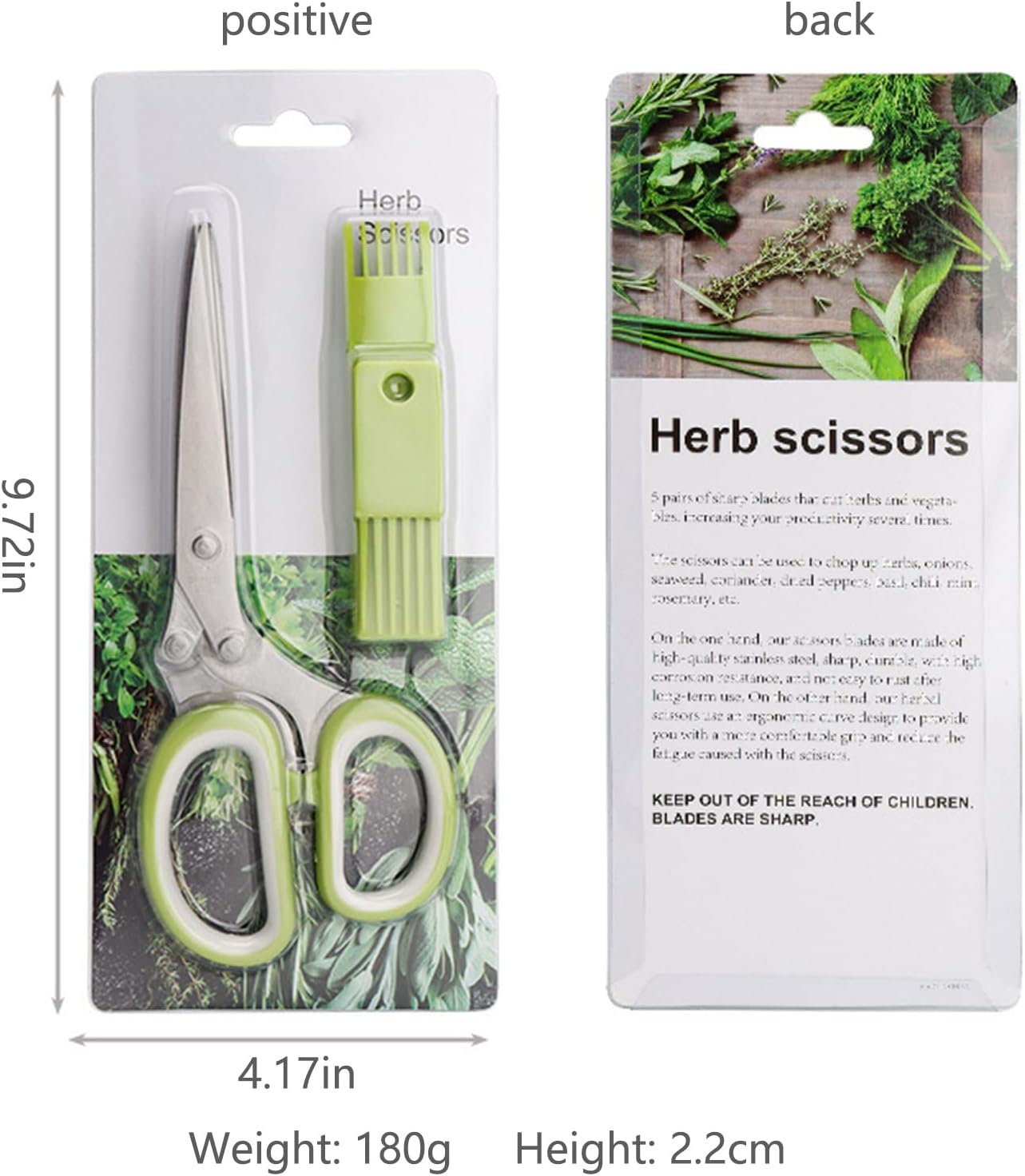 Gourmet Herb Scissors Set Multipurpose Cutting Shears with Stainless Steel 5 Blades, Herb Stripper, Safety Cover Cleaning Comb for Cutting Cilantro Onion Salad (Green)
