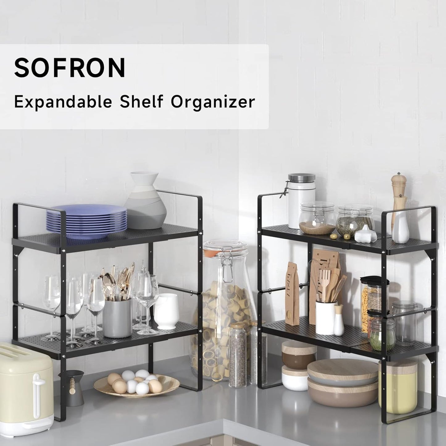 Expandable Cabinet Storage Shelf Stackable Organizer Rack for Kitchen Bathroom Pantry Spice Cupboard Coffee Countertop Home Office Desk Heavy Duty Nonslip Black Small 2 Packs