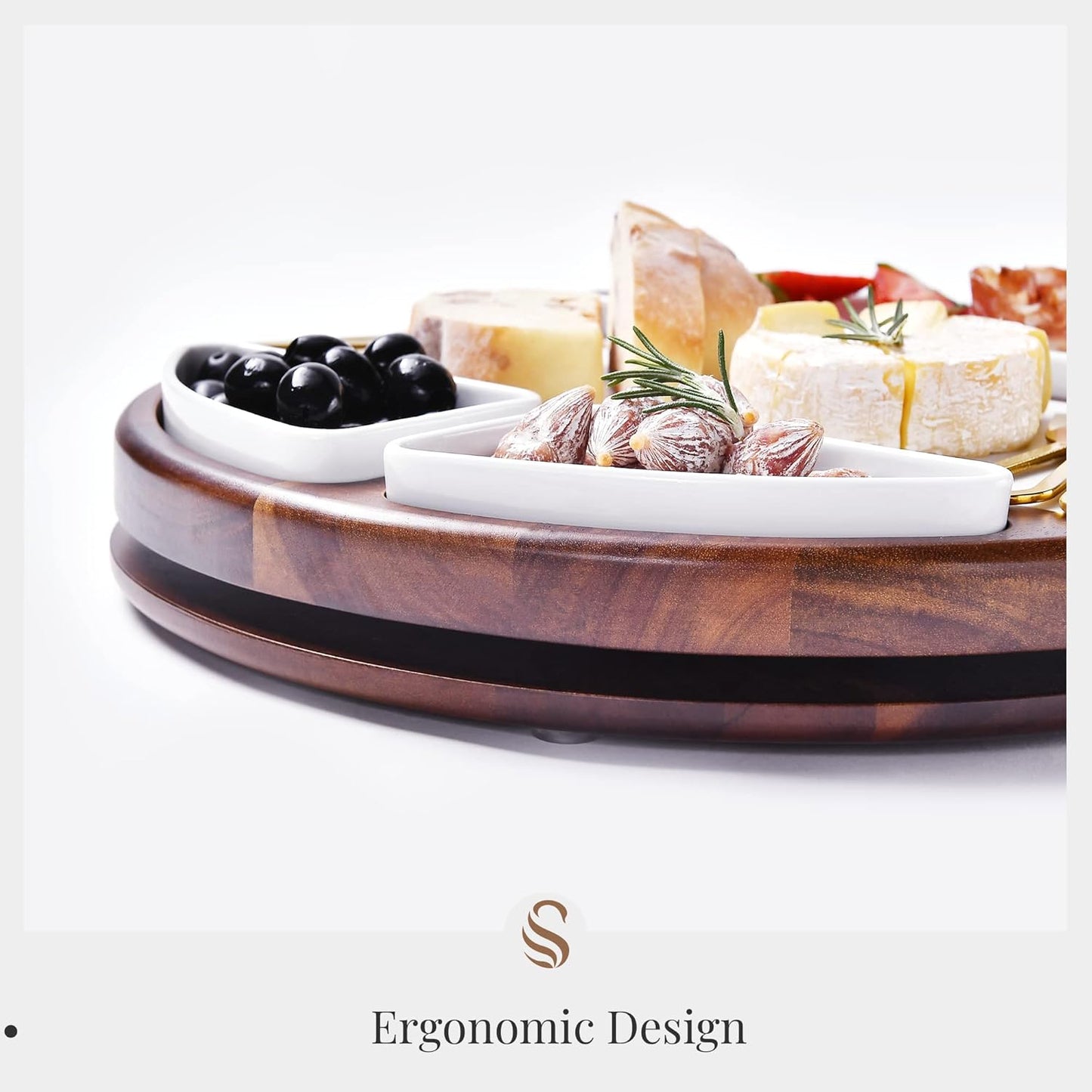 Shanik Upgraded Lazy Susan Cheese Cutting Board Set - Round Acacia Charcuterie Board With 4 Ceramic Bowls - Wedding Gifts - Cheese Serving Platter - Bridal Shower