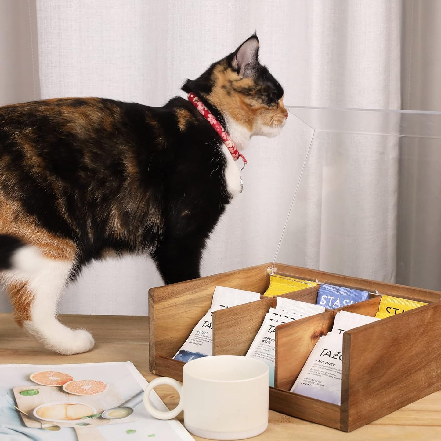 Tea Bag Organizer 6 Compartments by HTB| Gift Box Acacia Wood Tea Organizer for Tea Bags with Acrylic Transparent Hinged Lid