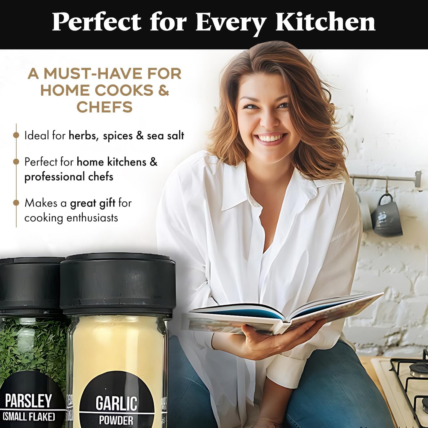 Glass Spice Jars & Measuring Cap Set - Twist to Dispense 1/4 Tsp Per Turn for Precise Cooking - Spice Jars with Lids Keep Kitchen Organized & Tidy - Enjoy Round Spice Jar Without Mess- 6 Pack