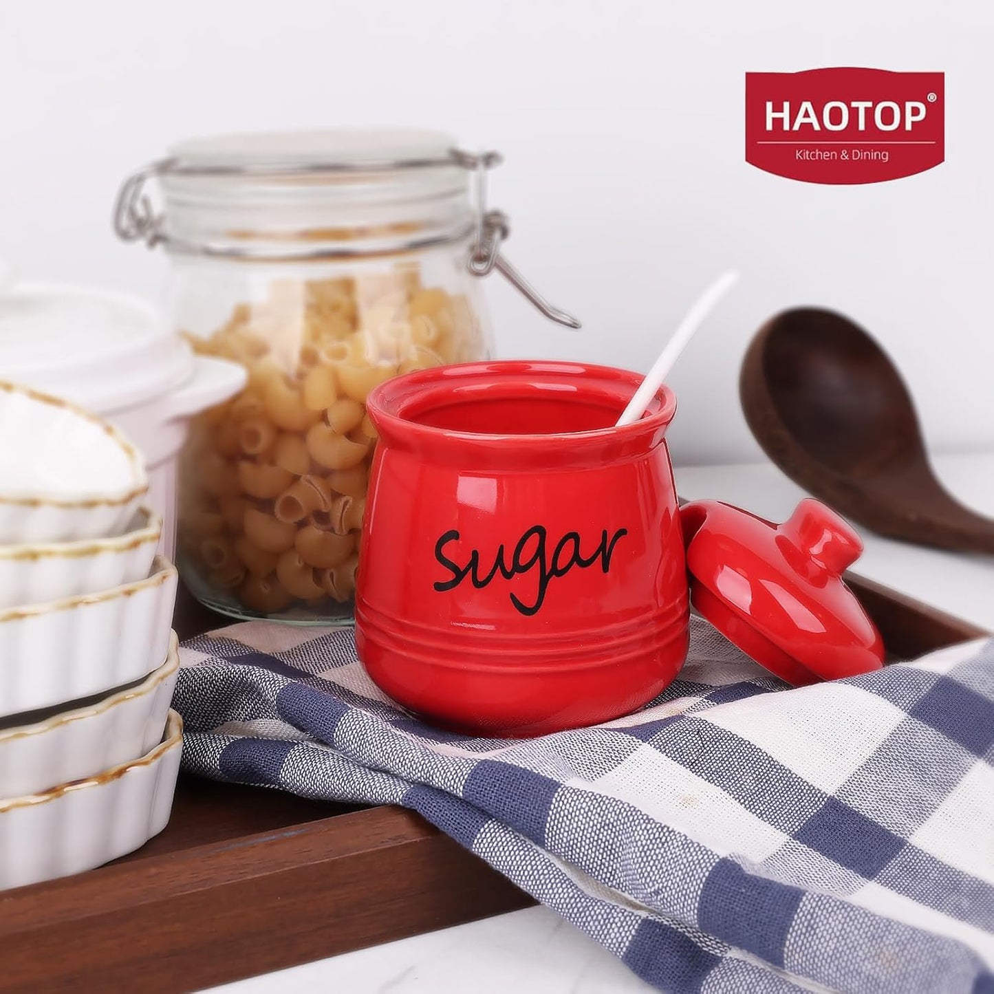 HAOTOP 12oz Sugar Bowl with Lid and Spoon,Ceramic Sugar Jar Sugar Dispenser Sugar Container Coffee Bar Accessories, Kitchen Countertop Canisters, Red