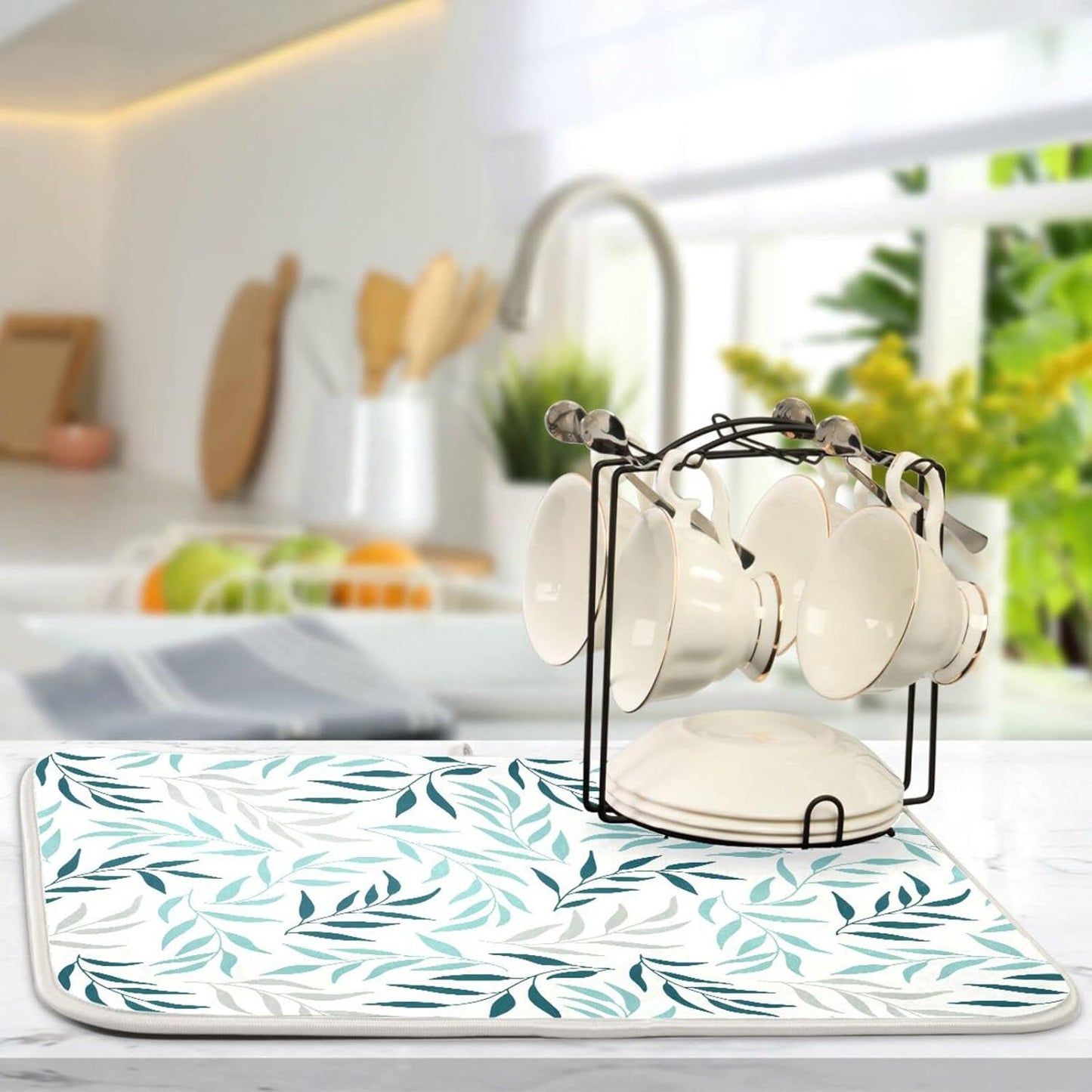 Blue Grey Olive Leaves Dish Drying Mat for Kitchen Counter Absorbent Microfiber Drying Pad, Medium 16x18 in, Reversible Drainer Mats