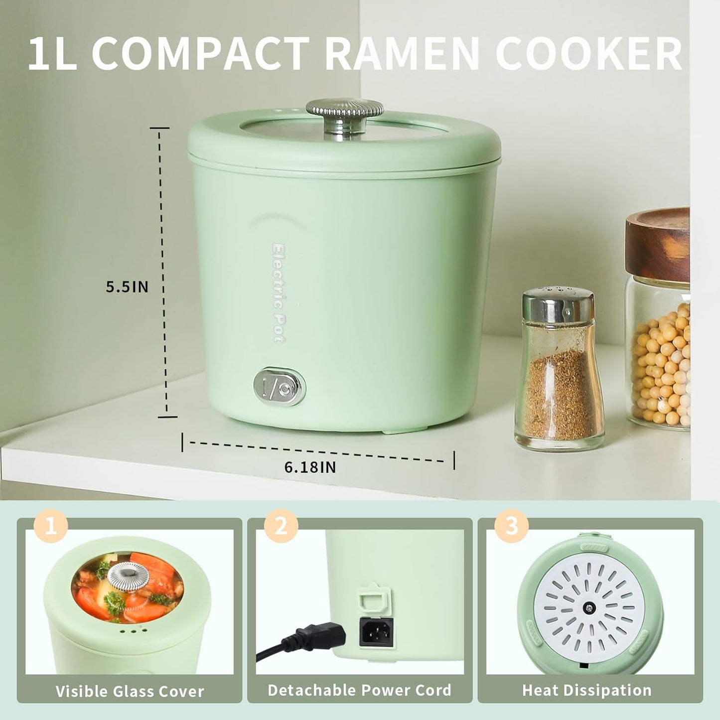 Hot Pot Electric, 1L Mini Ramen Cooker, 450W Rapid Noodles Cooker, Multifunctional Electric Pot for Cooking Pasta, Soup, Portable Pots with Over-Heating Protection for Dorm, Office, Travel