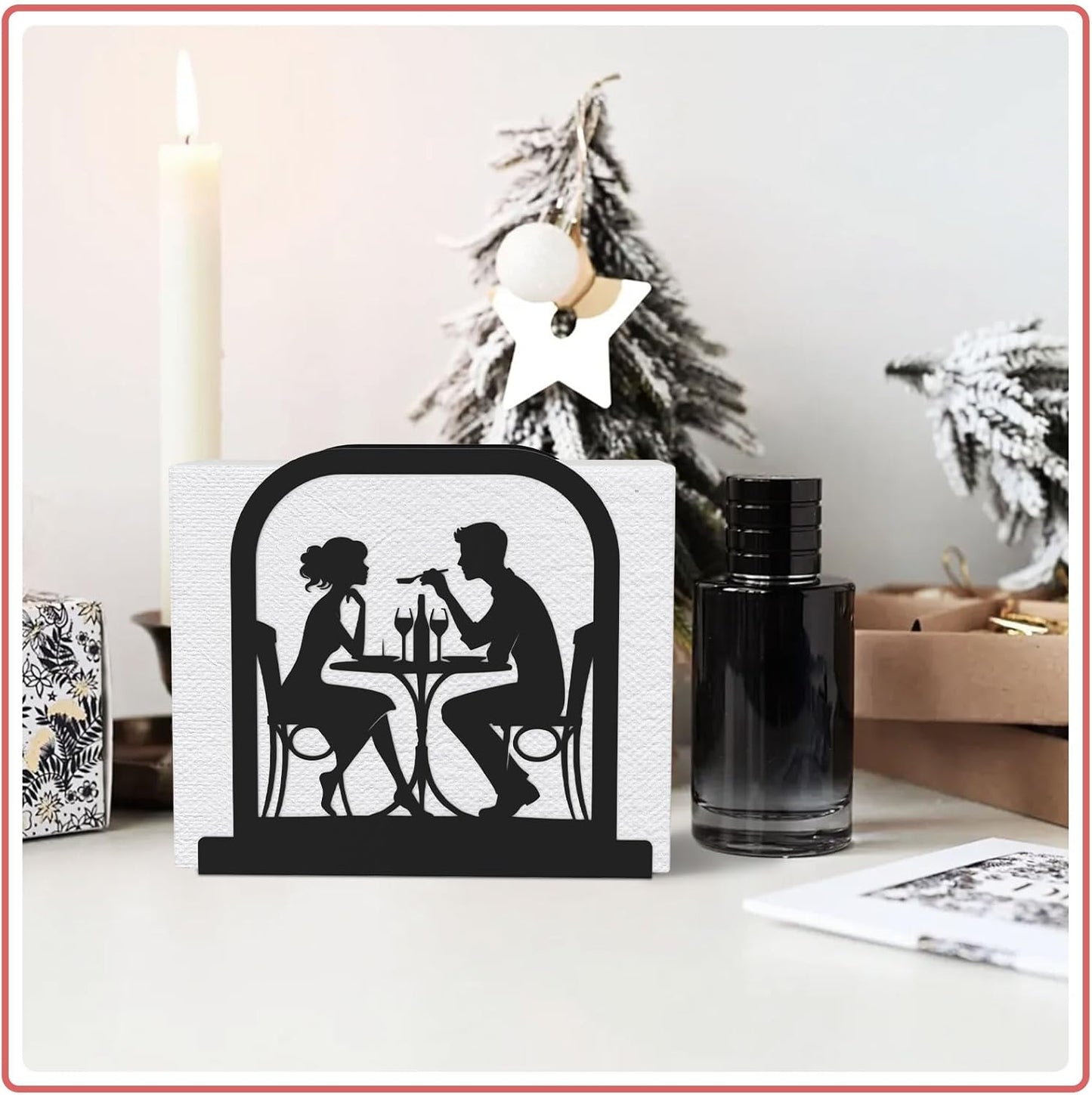 Modern Standing Napkin Holder for table, Black Metal Napkin Dispenser, Romantic Couple Meal Theme Style Napkin Holder, Suitable for Kitchen, Coffee Shop, Dining Room