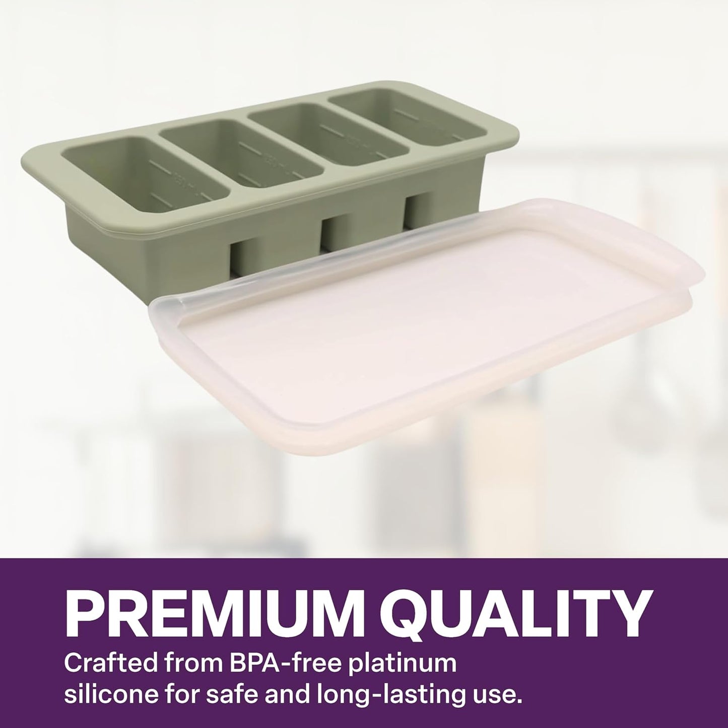 Silicone Freezer Tray with Clear Lid, 4 Compartments with 1 Cup Capacity Each, Large Ice Cube Molds, Microwave and Dishwasher Safe, for Freezing Soup, Sauce, Broth, etc. Sage Green