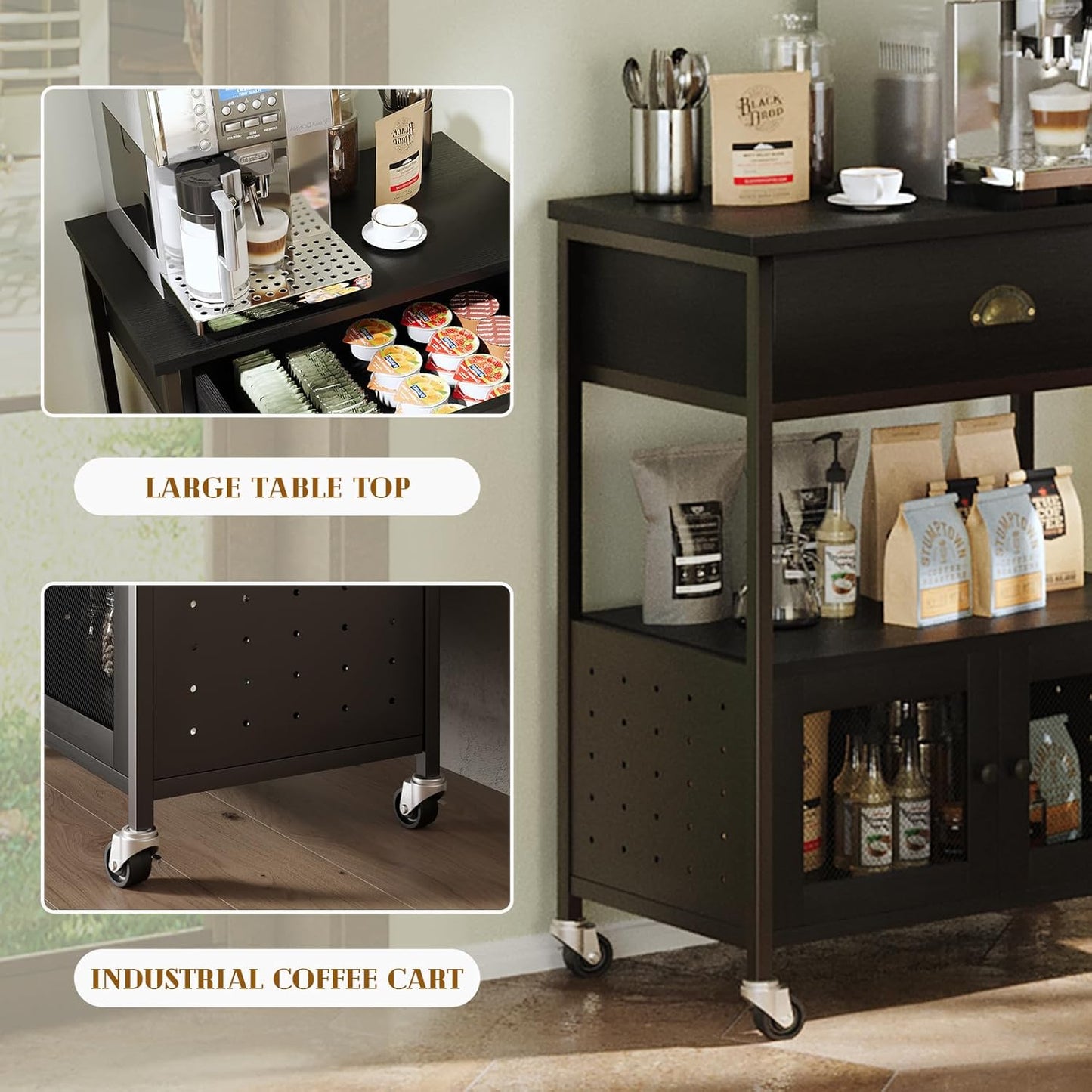 Coffee Cart Station with Storage Drawer, Small Microwave Stand with Storage Cabinet, Coffee Stand Station, Rolling Island Cart for Living Room, Dining Room, Kitchen, Black