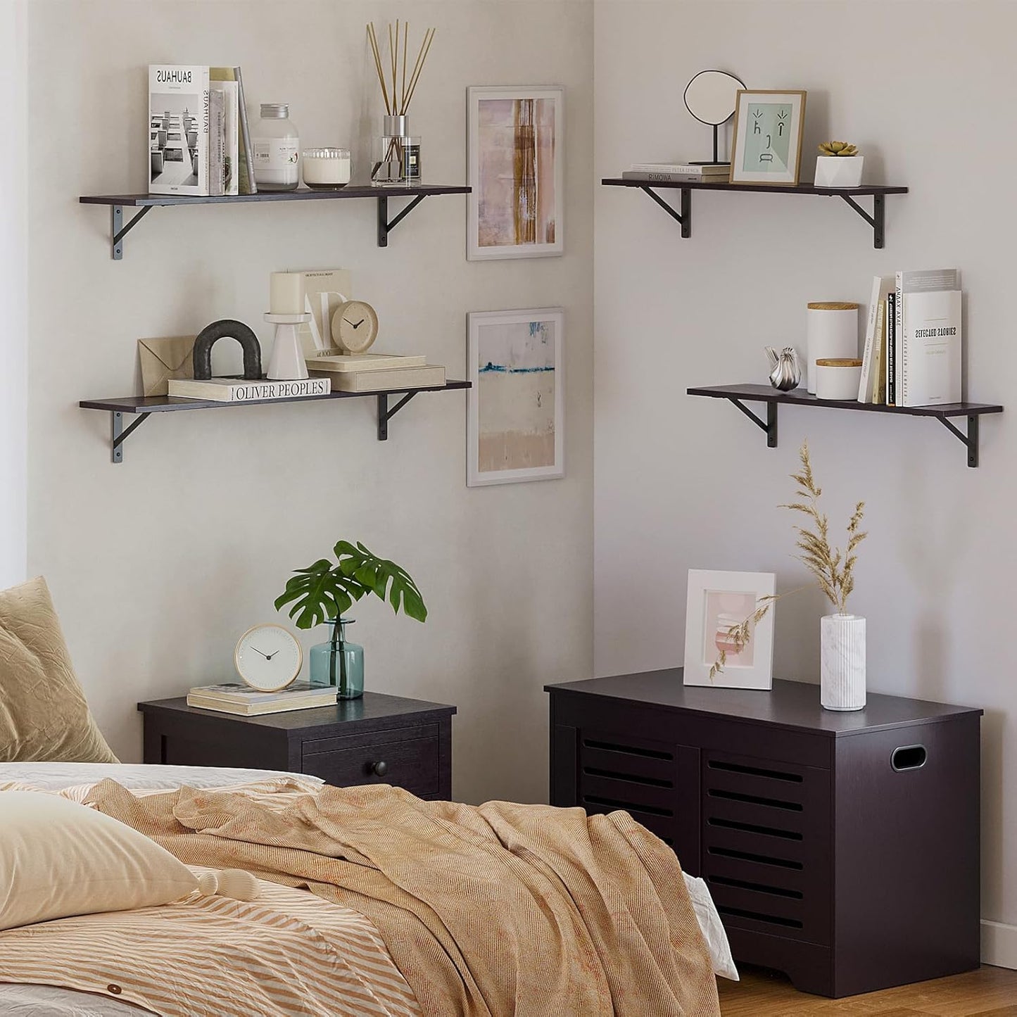 DINZI LVJ Long Wall Shelves, 23.6 Inch Wall Mounted Shelves Set of 2, Easy-to-Install, Wall Storage Ledges with Sturdy Metal Brackets for Living Room, Bathroom, Bedroom, Kitchen, Espresso