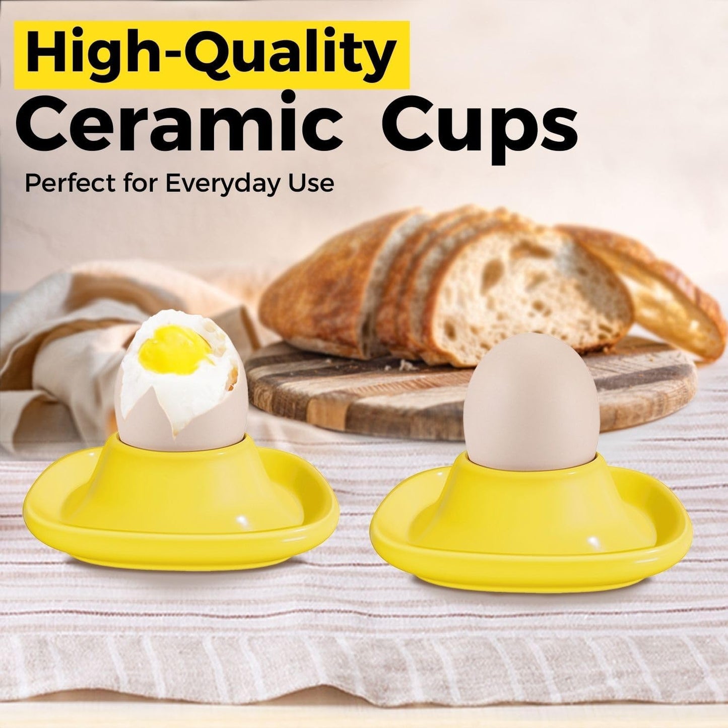 Flexzion Egg Cups for Soft Boiled Eggs - Set of 6 Ceramic Egg Holder - Stackable Egg Coddler Cups with Base for Serving, Breakfast, Brunch - Kitchen Table Decor, Yellow