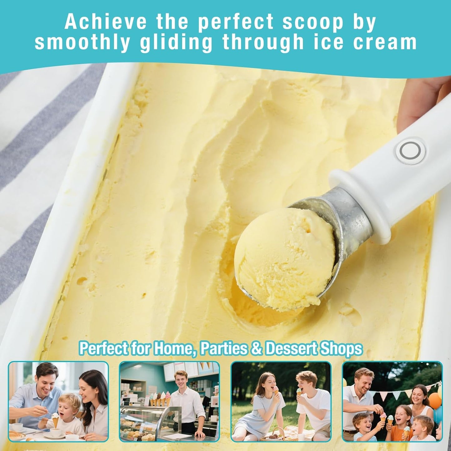 Heated Ice Cream Scoop with Safety Lock – Dual Temp Control 113℉/140℉,Rechargeable Electric Scooper for Gelato, Sorbet,Melon, Frozen Yogur,Fast Melting Kitchen Tool (White)