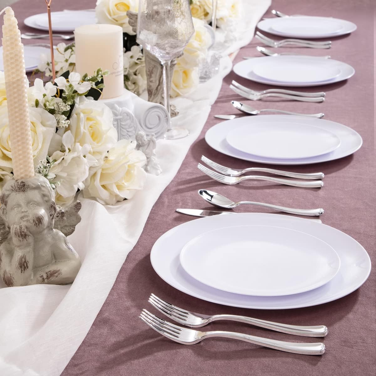 KIRE 60PCS White Disposable Plates - Heavy Duty White Plastic Plates for Party/Wedding - Include 30Pieces 10.25inch Dinner Plates and 30Pieces 7.5inch Dessert/Salad Plates
