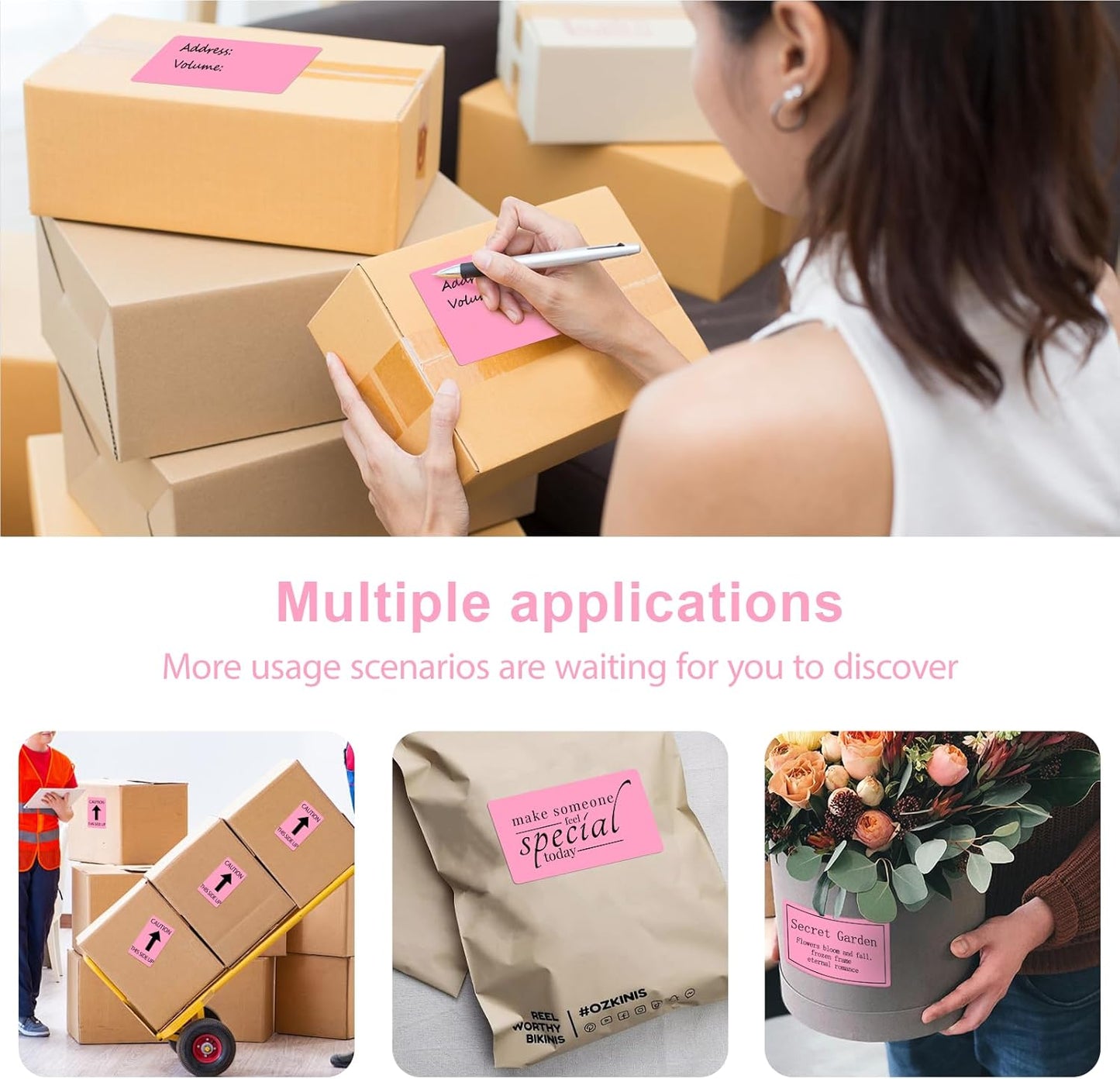 3 X 5 Inch Printable Waterproof Rectangle Color Coding Labels, 300 Per Roll Adhesive Color Coding Stickers for Bar-Codes, Address, Small Business Labeling, Inventory, Pink