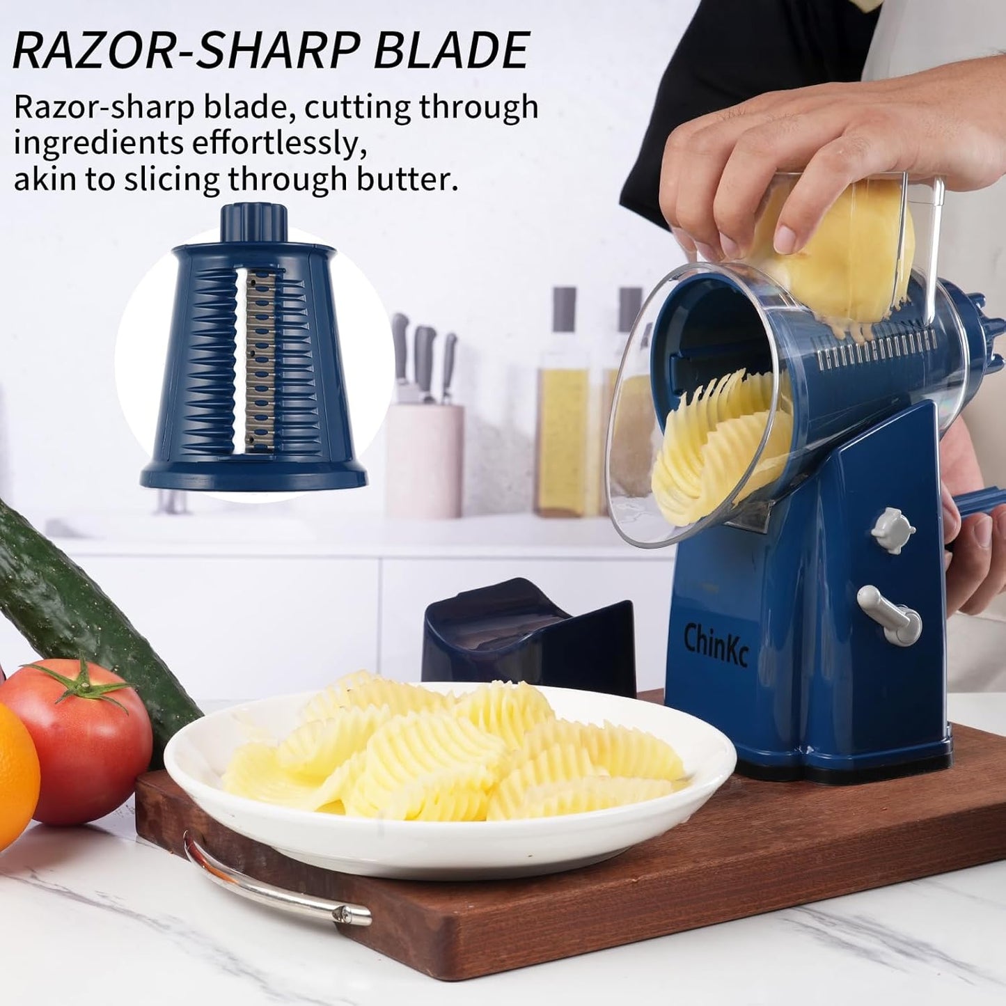 Rotary Cheese Grater Shredder - Upgraded 5 in 1 Cheese Grater with Handle and Strong Suction Base, Multi-purpose Julienne Slicer Ice Shaver Nuts Grinder for Ice, Vegetables, Fruit, Nuts