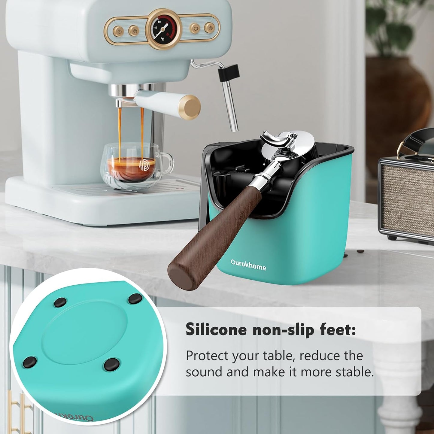 Ourokhome Knock Box Espresso Accessories, The Latest Patented Stainless Steel Espresso Machine Tool for Coffee Ground with Removable Knock Bar, Handle and Lid, Dishwasher safe, 4.8 inch (Mint)