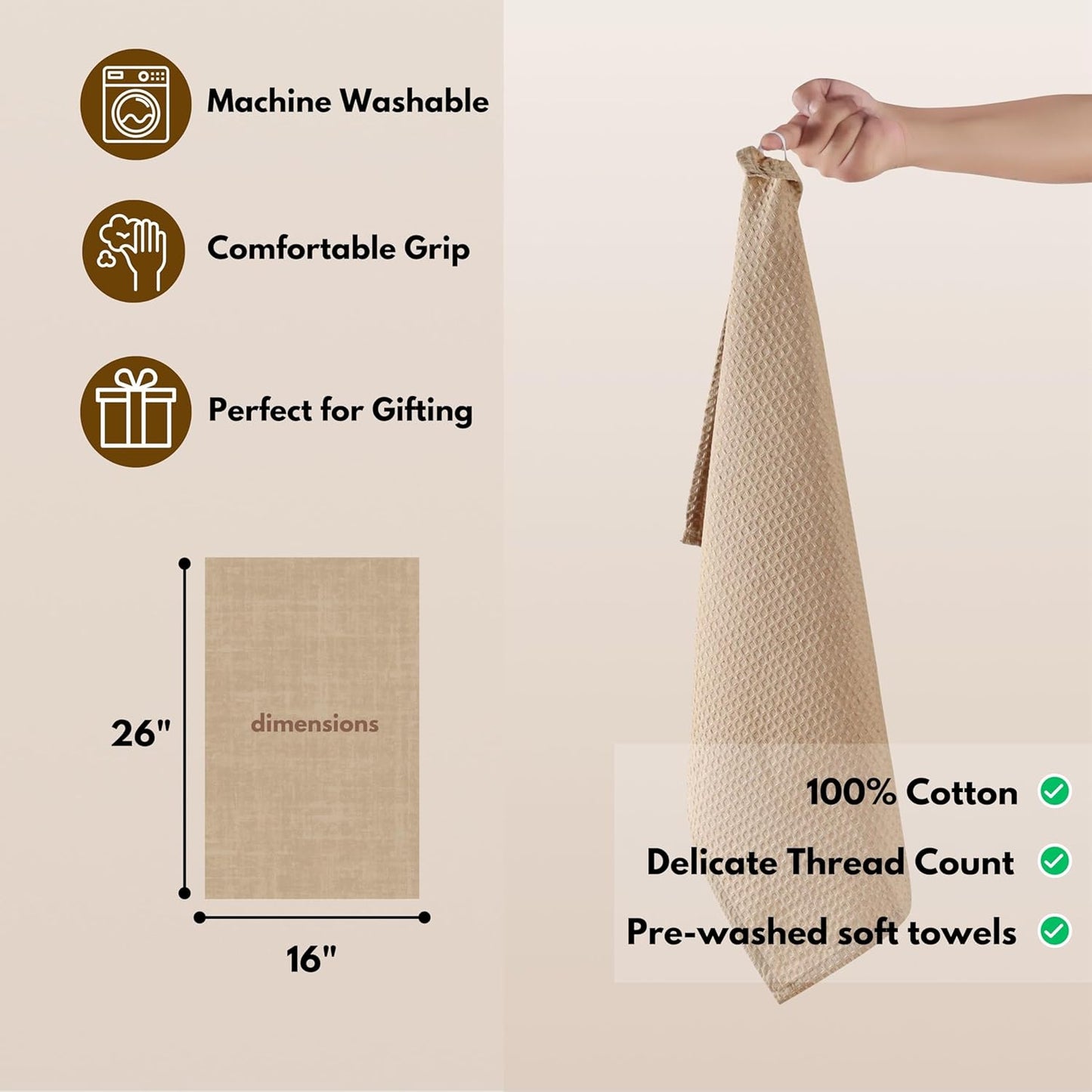 Native Fab Cotton Kitchen Towel with Hanging Loop 16x26 inches, 6-Pack, Waffle Weave Kitchen Towels for Cleaning Drying, Washcloths Soft & Absorbent Cloth Rags, Bar Towel, Dish Cloth, Beige