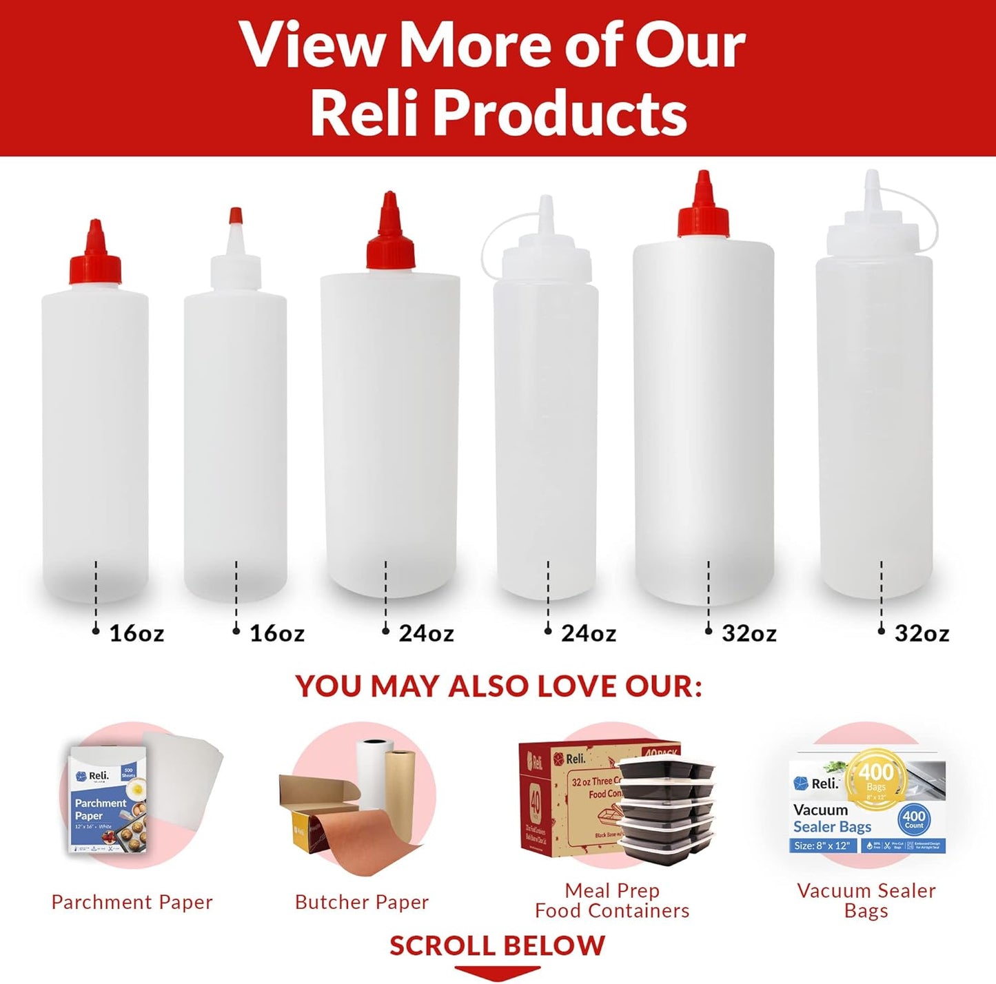 Reli. Plastic Squeeze Bottles, 32 oz. | 4 Pack | Condiment Squeeze Bottles for Sauces | Clear w/Red Twist Cap | 32 Ounce Hot Sauce, Ketchup | Condiments, Olive Oil, Liquids