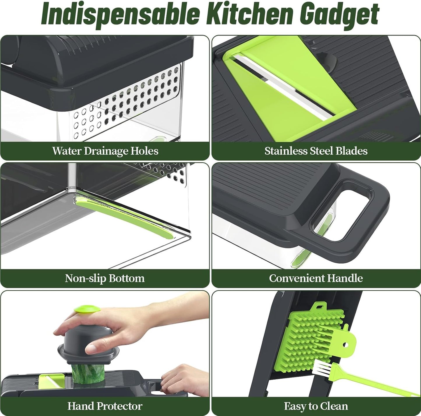 12-in-1 Vegetable Chopper, 7 Blades Veggie Chopper with Container and Lid, Dicer, Slicer, Multifunctional Kitchen Gadgets, Vegetable Cutter with Handle, Onion Cutter(Green/Grey)