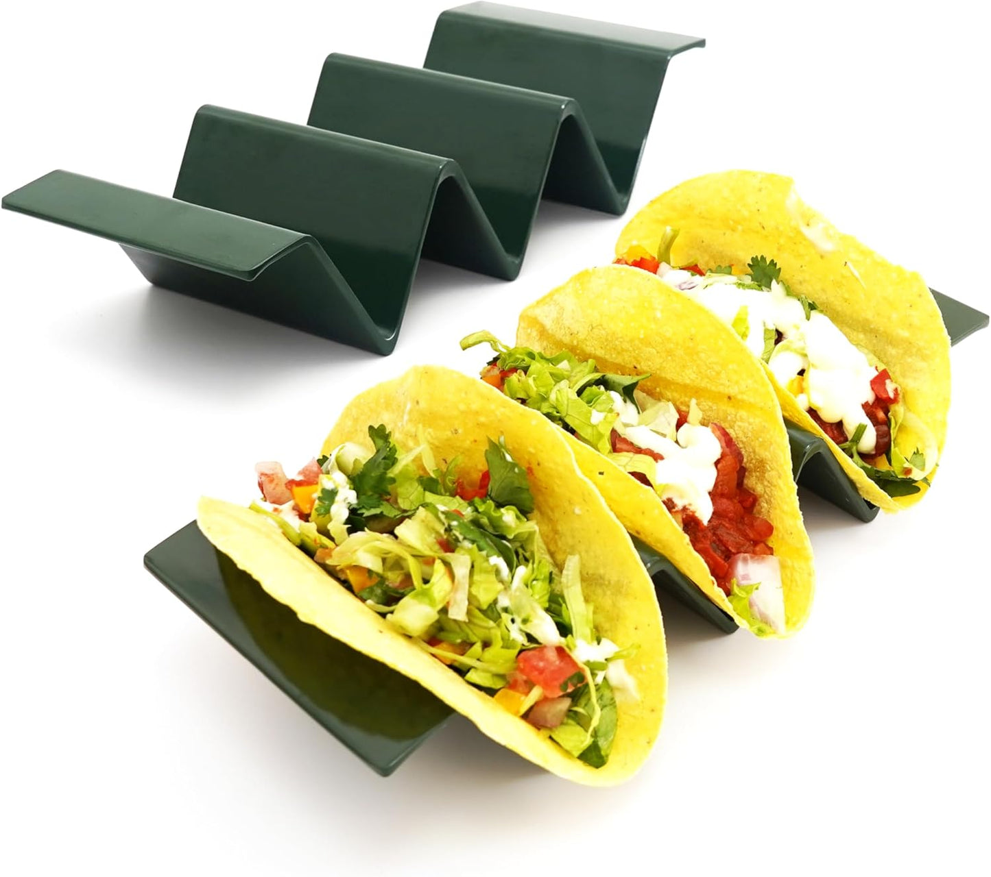 TP Taco Holder Stands, Set of 2 Melamine Large Taco Serving Rack Tray with Handle, Holds 3 Tacos, Dishwasher Safe, Ideal for Taco Night, Party, Home, Fiesta, Green