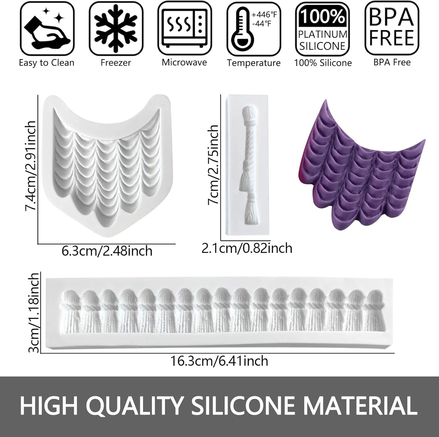 Macrame Tassel Cake Decoration Fondant Border Mold 3pcs, Curtain Chocolate Silicone Molds for Cake Decorating Candy Sugar Craft Flower Paste Cookies Marzipan Butter Gum Clay Resin Gypsum