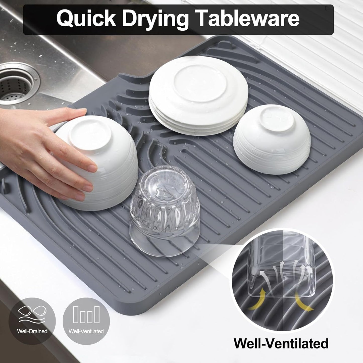 Silicone Dish Drying Mat for Kitchen Counter, (Grey, 18 x12 Raised Sink), Easy Clean Pad for Countertop Protection, Fast Self-Draining Slope, Non-Slip, Multiple Use