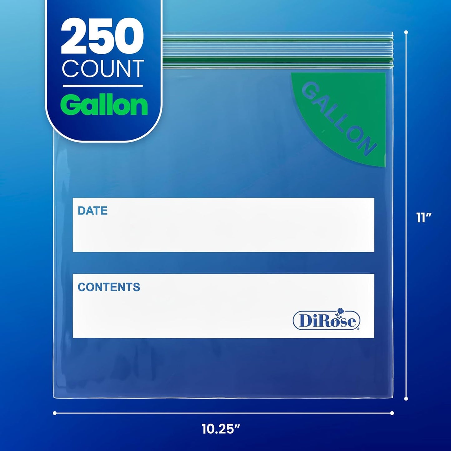 DiRose Gallon Bags Pack of 250 – 1 Gallon Reclosable Storage Bags – Practical and Durable Design – Food Safe Non-BPA Material – Easy Zip Closure – Ideal for Food, Snacks, Dog Treats, Organizing