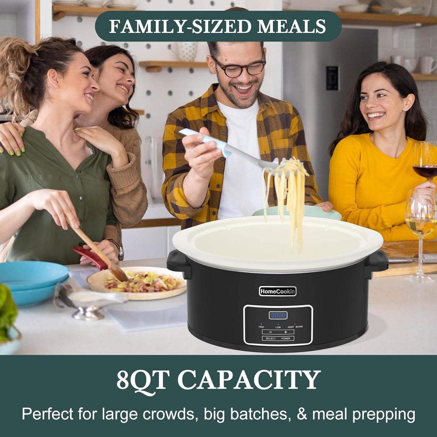 HOMECOOKIN 8-Quart Programmable Slow Cooker with Timer Keep Warm - Small Kitchen Appliance for Family Dinners - Serves 6+ People (Black)