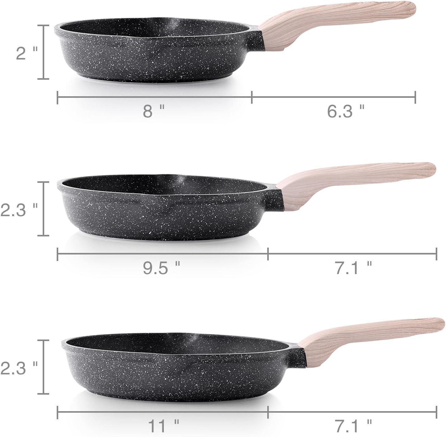 Nonstick Frying Pan Set, 3 Piece Skillet Set, Healthy Induction Cooking Pan, Stay-Cool Handle, Compatible with All Stovetops, PFOA Free (8, 9.5, 11 Inch)