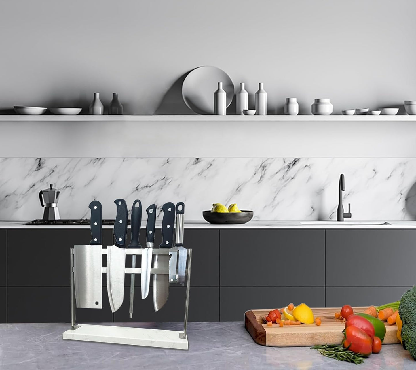 YIIYIIN Magnetic Knife Block with Marble Base - Double Sided Magnetic Knife Stand - Magnetic Knife Holder - Kitchen Knife Storage - Knife Holders for Counter Top - Marble White