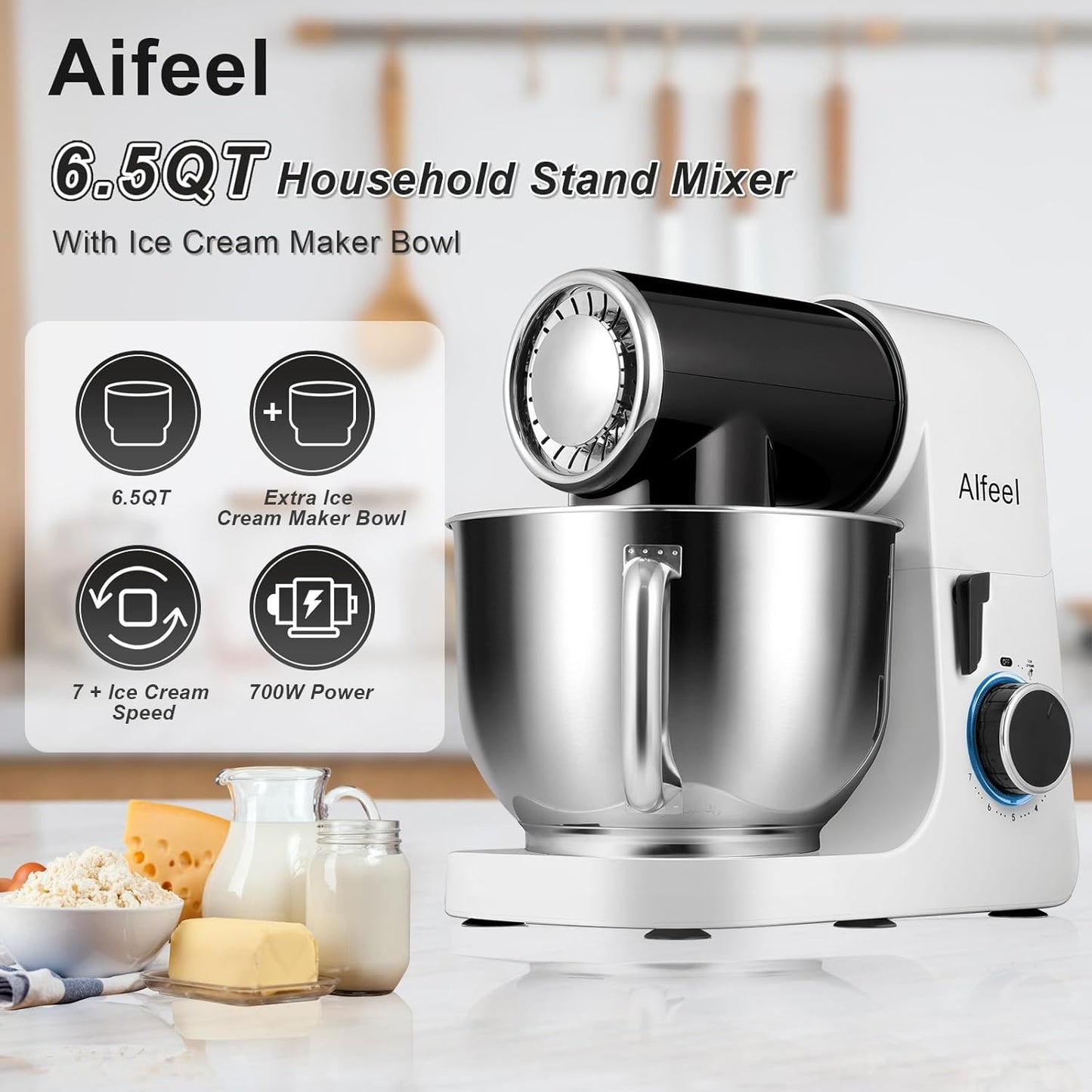 Aifeel Stand Mixer,6.5QT Kitchen Electric Mixer with 2QT Ice Cream Maker Bowl, 6 in 1 Multifunctional Bread Dough Mixer with Dough Hook,Wire Whip & Beater (Black-White)