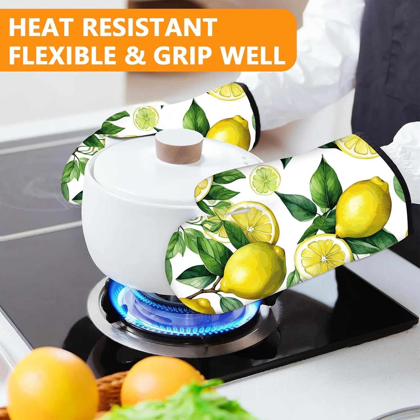 Lemon Oven Mitts and Pot Holders Sets 4Pcs,Extra Long Oven Gloves Potholder for Kitchen Cooking Baking BBQ 100% Cotton Heat Resistant