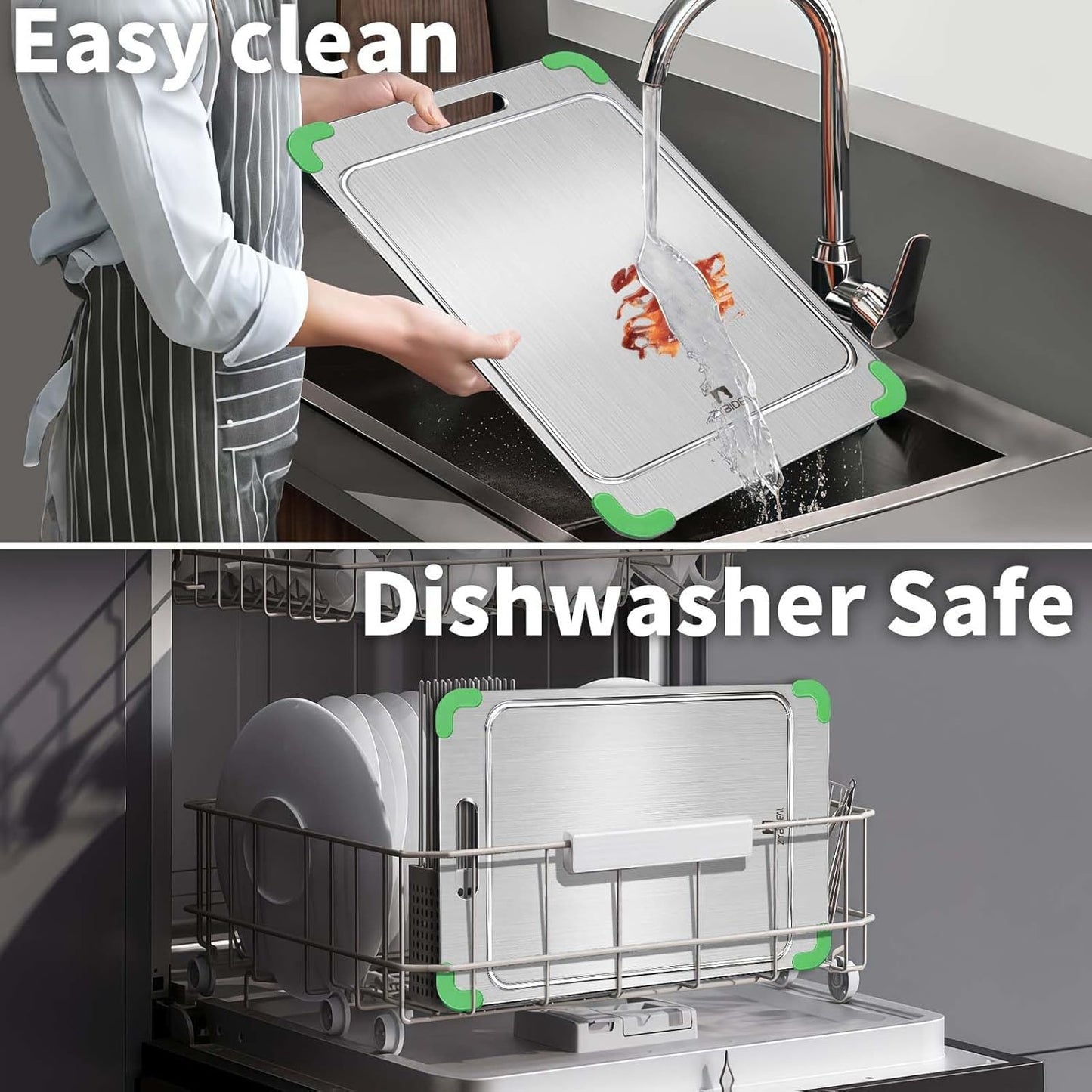 3Pcs 100% Pure Titanium Cutting Board with Grooves, Update Double Side Titanium Chopping Board, Silicone Anti-slip Stainless Cutting Boards Set for Kitchen, Green