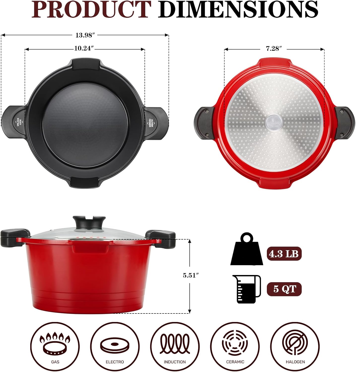 5qt Pasta Pot with Strainer Lid, Cast Aluminum Stockpot Multipot, Nonstick Ceramic Coating make Cleanup easy with Tempered Glass Lid, Dishwasher Safe, Induction, Black (Red, 5 Quarts)