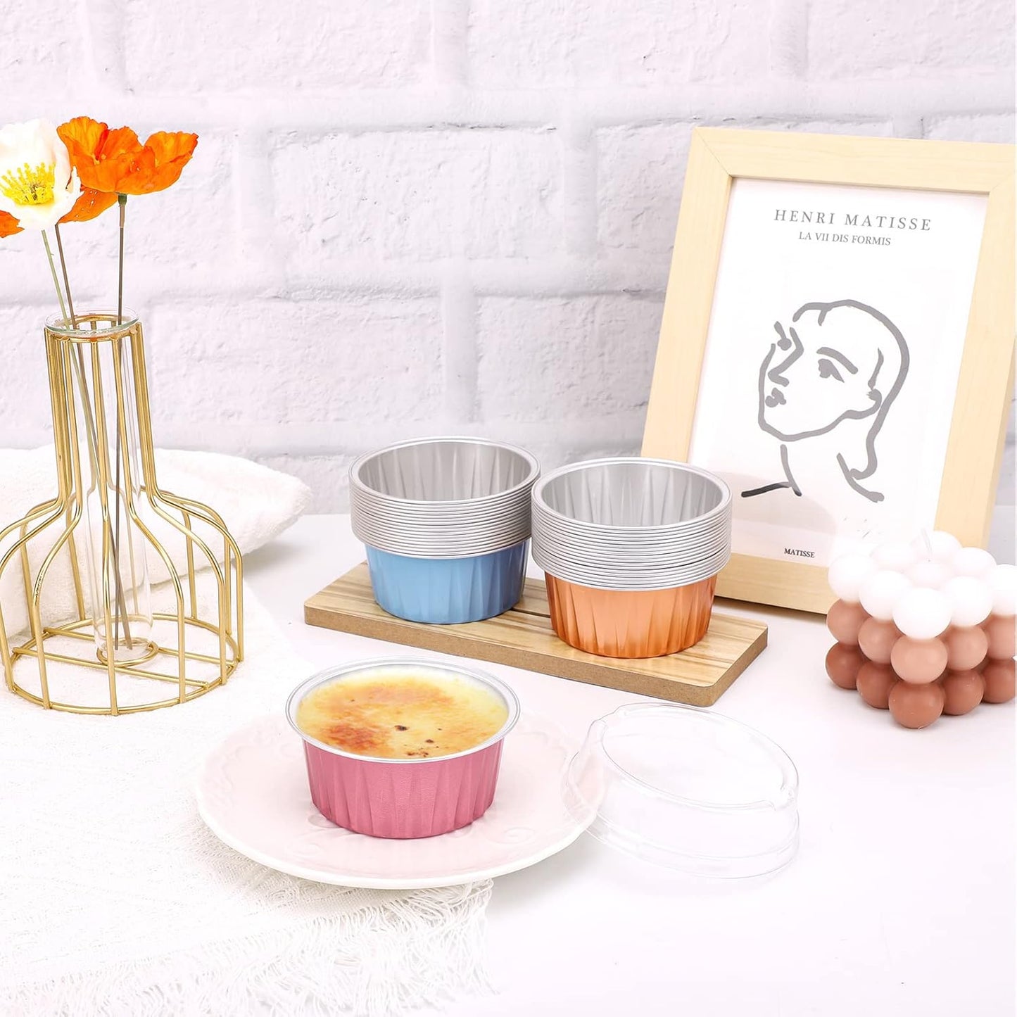 EUSOAR Baking Cups Aluminum Foil, 5oz Pack of 30 Blue Red Rose Gold Cupcake Cups with Lids, 125ml Pie Ramekins, Desserts Flans, Custard Cake Pudding Cups, Catering Party Favor