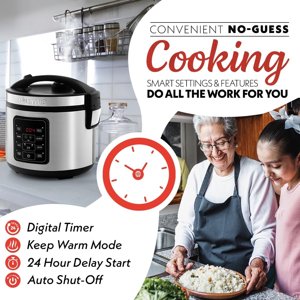 Gourmia Rice Cooker – 5 Qt Capacity, 20 Cup Cooked, 10 Cup Uncooked, Digital Controls, 6 Cooking Presets, Grain Cooker & Steamer, Nonstick Pot, Steam Tray, Delay Timer, Keep Warm, Stainless Steel