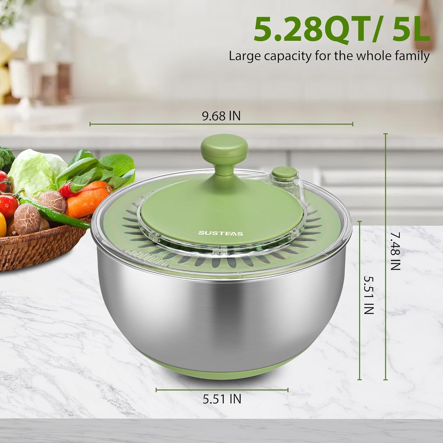 SUSTEAS Stainless Steel Salad Spinner, Lettuce Spinner with Non-Slip Base, Drainage Hole, Stop Button, Vegetable Dryer, Fruit Washer, BPA-Free, Dishwasher Safe, 4.25Qt
