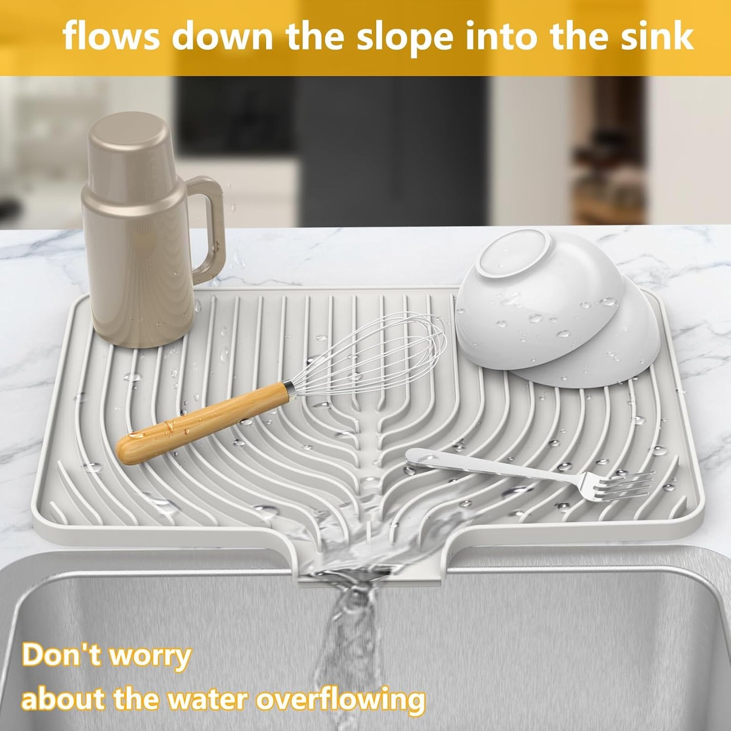 Silicone Drying Mat for Kitchen Counter, 18"×12" Silicone Dish Drying Mat with Board Drain,Rubber Kitchen Counter Dry Matt for Dishes Drying Rack(white)