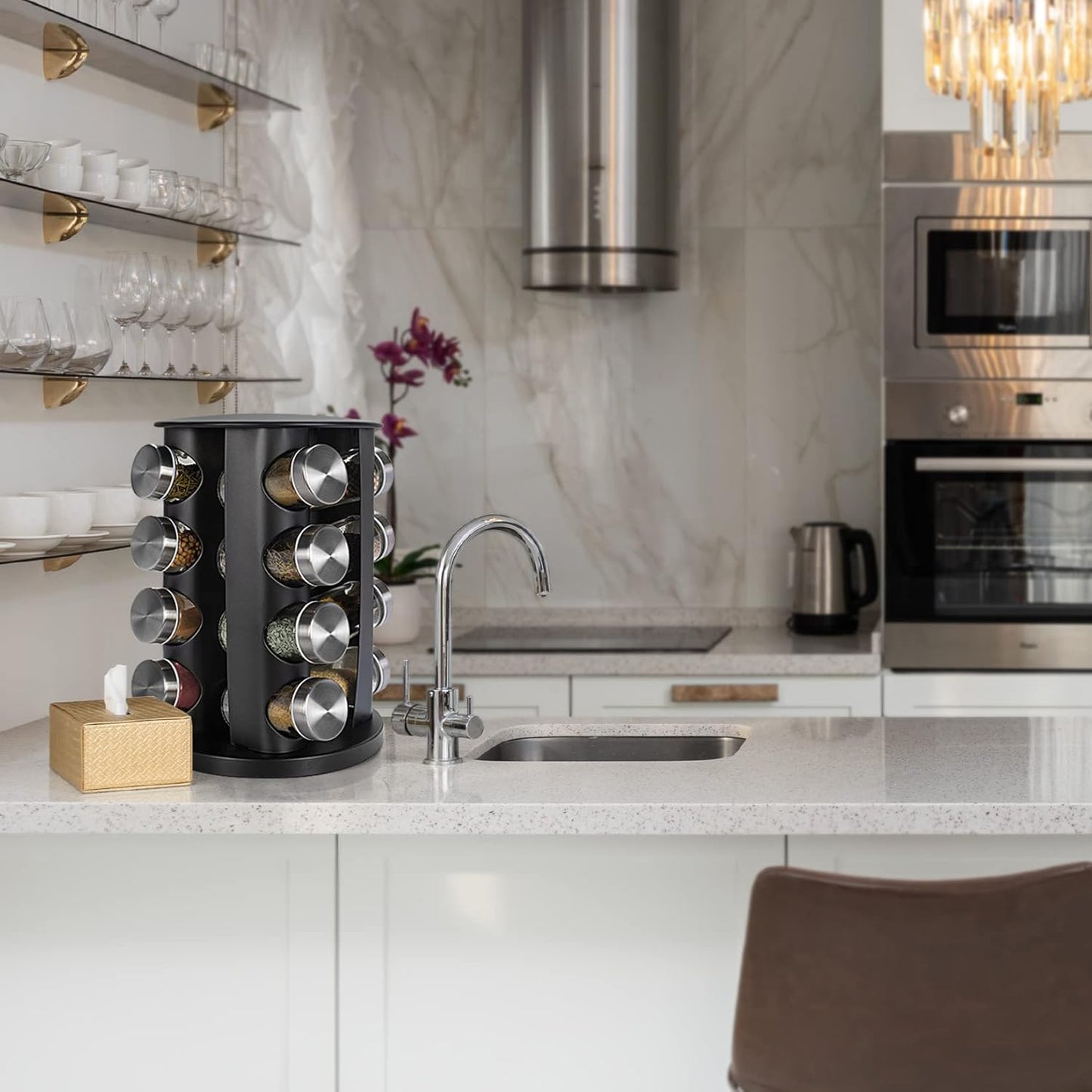 Black Countertop Rotating Spice Rack, 16-Jars Revolving Spice Rack Organizer Tower, 135 Spice Labels with Funnel Complete Set, Seasoning Organizer for Kitchen Countertop, Cabinet