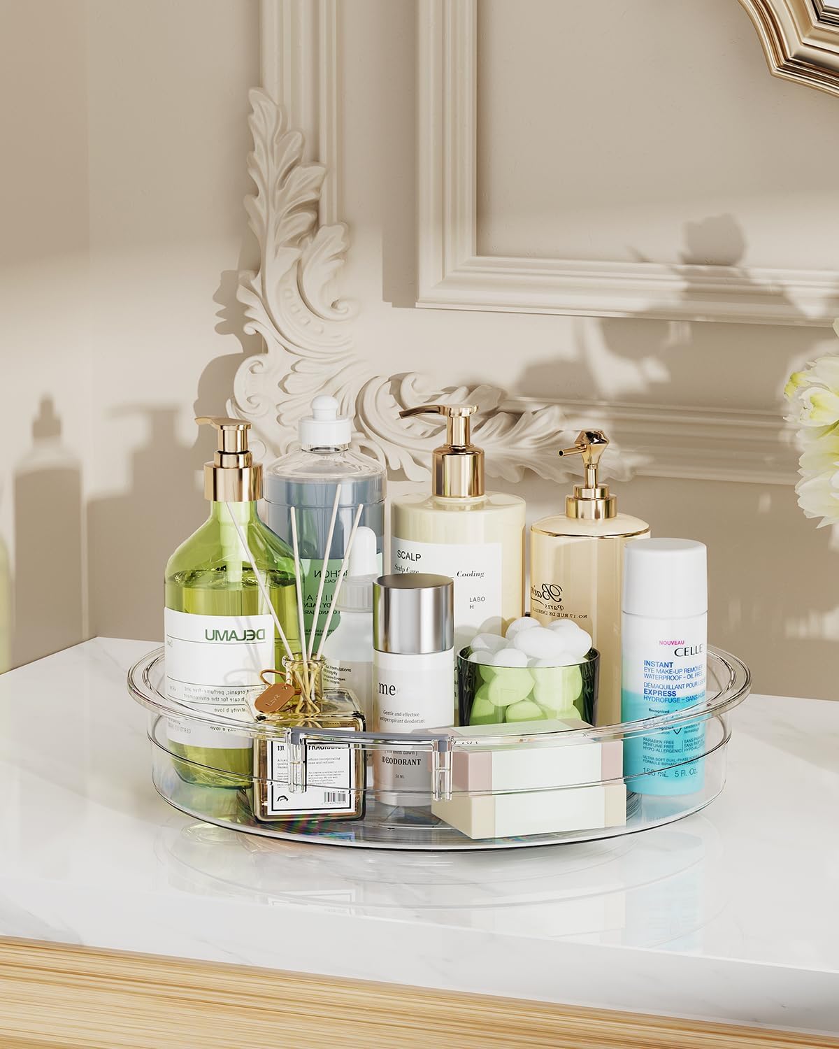 LAMU 2 Pack 12 Inch Lazy Susan Organizer Turntable for Cabinet, with High Edges to Prevent Falling, Large Clear Lazy Susan for Kitchen, Pantry, Refrigerator, Countertop, Table, Bathroom