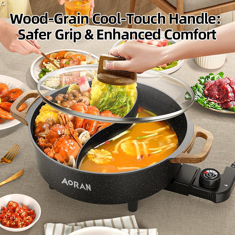 AORAN Electric Hot Pot with Divider, 1350W 8L Nonstick Smokeless Cooker for Shabu Shabu & Fondue, Multi-Function Cookware with Soup Ladle, Strainer, Includes Tongs - Easy to Clean, Black