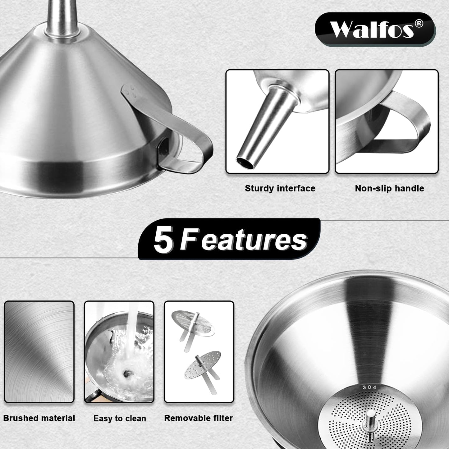 Stainless Steel Funnel, Walfos 3 Different Sizes of Kitchen funnels with 2 Removable Strainer & 1Pcs Cleaning Brush, for Transferring of Liquid, Oils, Jam, Powder