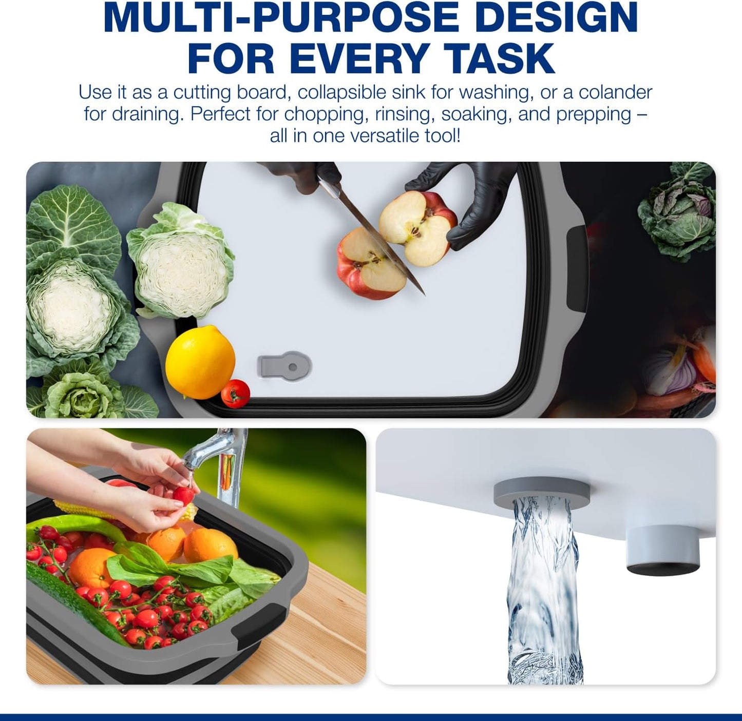 2-Pack XL Collapsible BBQ Prep Tub with Built-In Cutting Board, Lid & Strainer – Marinate, Drain & Prep – Large Food-Safe Container – Perfect for Grilling, Smoking & Outdoor Cooking (Black)