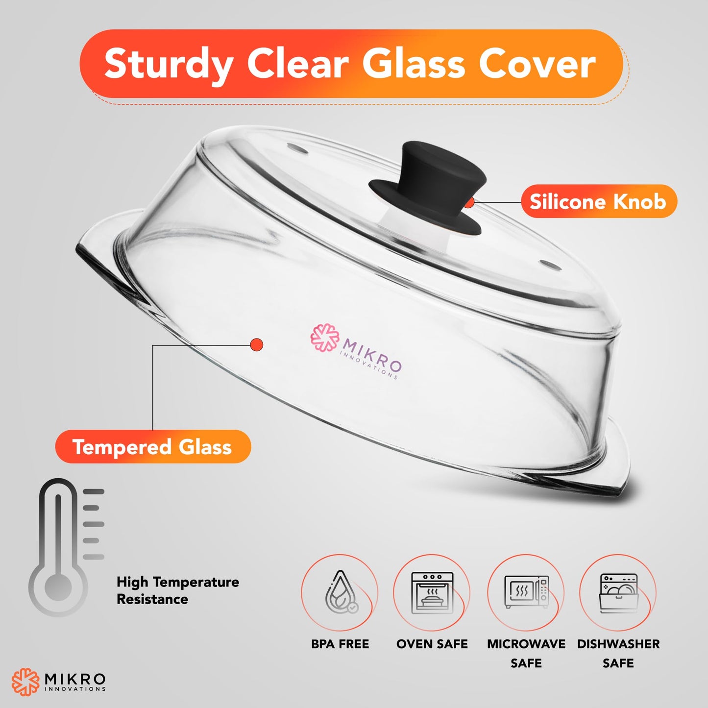 10.5" Tall Glass Microwave Splatter Cover - Sturdy Food-Safe Glass with Easy-Grip Silicone Handle