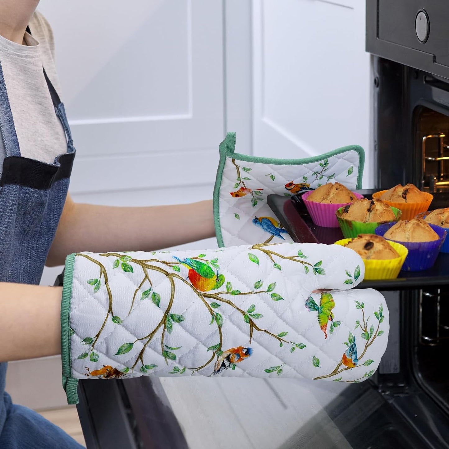 Bird Branch Oven Mitts and Pot Holders Sets 4Pcs, 100% Cotton Heat Resistant, Extra Long Oven Gloves Potholder for Kitchen Cooking Baking Housewarming